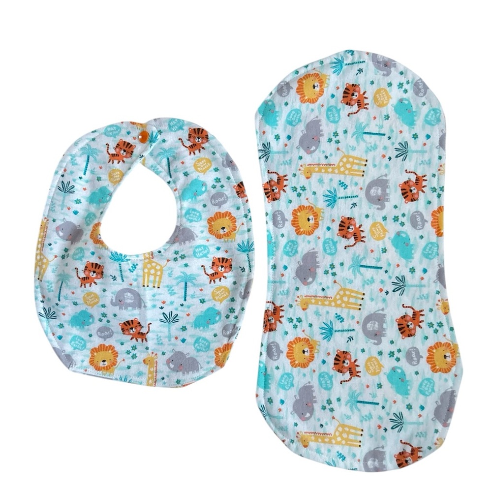 Hand Crafted Newborn Gift Set Bib and Burpcloth Soft Flannel Zoo Animals Theme - Picture 7 of 7